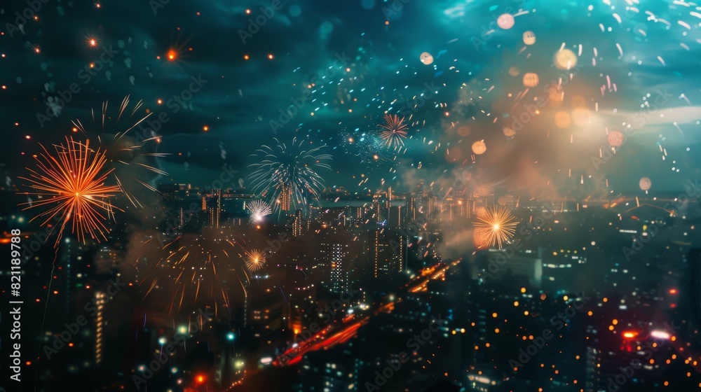 Fototapeta premium Fireworks bursting over an illuminated cityscape, creating a magical atmosphere.