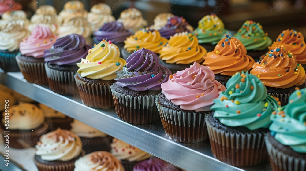 Tempting Array of Colorful Cupcakes with Intricate Frosting Designs in a Bakery Window Tempting Array of Colorful Cupcakes with Intricate Frosting Designs in a Bakery Window