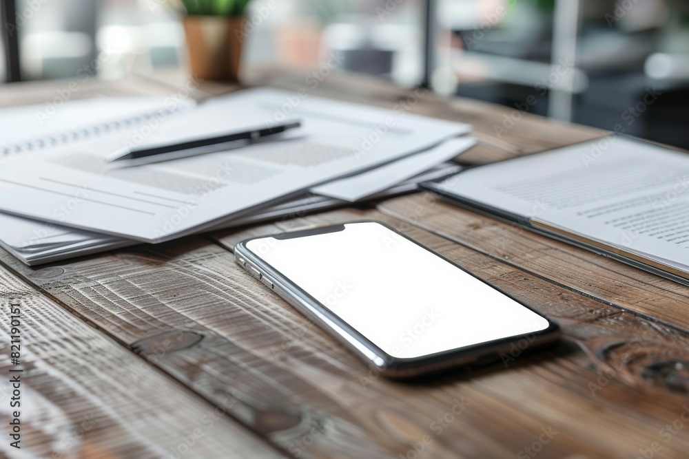 A cell phone sits on a wooden desk with a pen and a stack of papers A cell phone sits on a wooden desk with a pen and a stack of papers