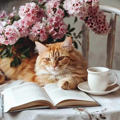 Fluffy Cat with Book and Blossoms.