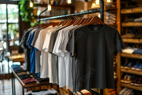 A rack of shirts in a store with a variety of colors and styles, clothing retail store