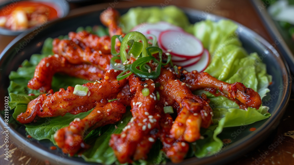 Korean fried chicken with spicy sauce, green onions, and sesame on a bed of fresh lettuce, a succulent delight Korean fried chicken with spicy sauce, green onions, and sesame on a bed of fresh lettuce, a succulent delight