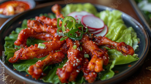 Korean fried chicken with spicy sauce, green onions, and sesame on a bed of fresh lettuce, a succulent delight