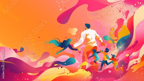 Abstract vector scene depicting a joyful father and children as colorful abstract forms  with a lively background of pink and orange  symbolizing love and warmth
