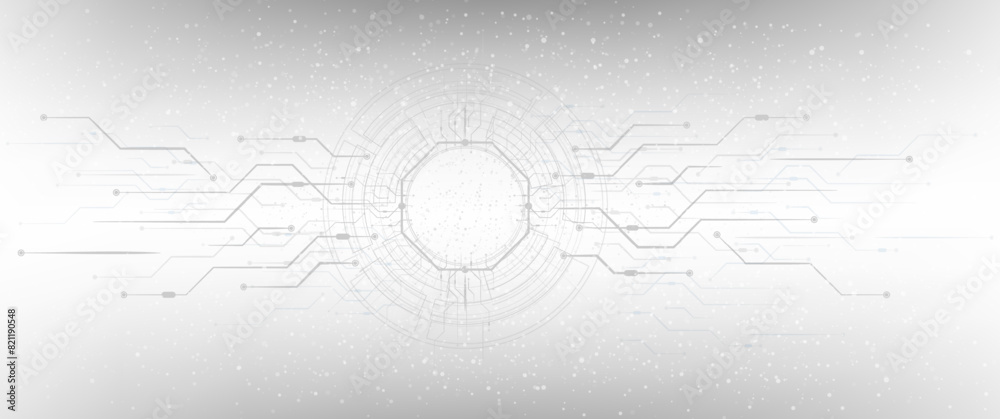 Obraz premium Grey white Abstract technology background with various technology elements Hi-tech communication concept innovation background Circle space for your text. Structure pattern technology backdrop.