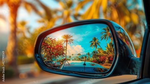 A car mirror reflecting a summer road trip scene, pop art, bright colors, mixed media, capturing adventure and freedom © Samon