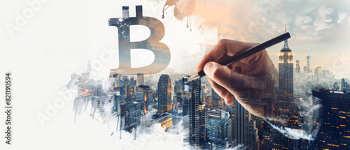 Award Winning Stock A digital artist's hand sketching a Bitcoin symbol that blends into a cityscape, representing the cryptocurrency's integration into the urban economy High quali