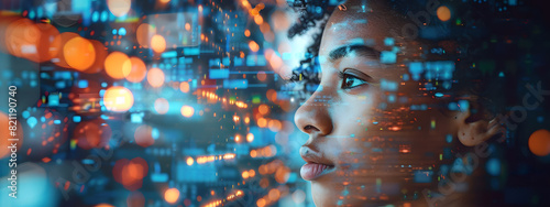 A woman's face is shown in a computer generated image with a city background