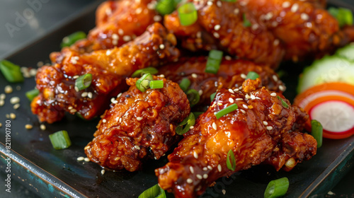 Close-up of mouthwatering korean fried chicken, coated in a fiery sauce, topped with sesame seeds and fresh green onions