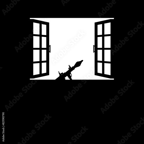 Silhouette of the Bazooka or Rocket Launcher Weapon in the Window, Dramatic War View, can use for Art Illustration, War News, Poster or Graphic Design Element. Vector Illustration