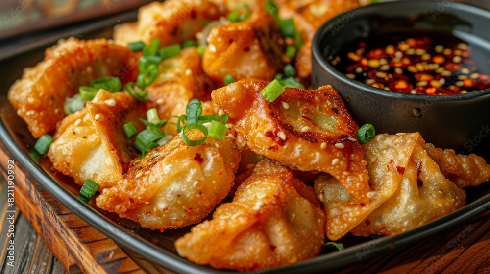 Delicious crispy korean dumplings garnished with green onions, served with a spicy dipping sauce on a wooden table setting Delicious crispy korean dumplings garnished with green onions, served with a spicy dipping sauce on a wooden table setting