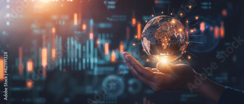 Award Winning Stock A hand holding a glowing globe with digital cryptocurrency symbols orbiting around it, set against a backdrop of financial charts and urban silhouettes, showcas photo