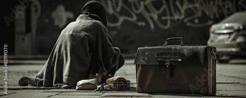 A beggars possessions beside a rich persons briefcase, realistic, monochrome, digital painting, highlighting stark contrasts photo