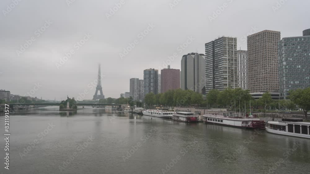 Paris France time lapse, city skyline at Eiffel Tower and Seine River Paris France time lapse, city skyline at Eiffel Tower and Seine River