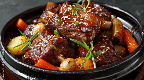 Delectable korean braised short ribs, known as galbi jjim, served with carrots and potatoes, garnished with sesame seeds and green onions photo
