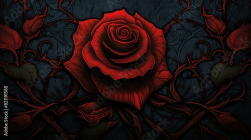 Beautiful gothic red rose with red foliage on black background, close-up, imitation of drawing.