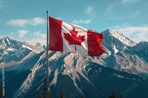 Canadian flag waving with mountains in the background. National celebration and patriotism concept. Banner, poster. Nature beauty