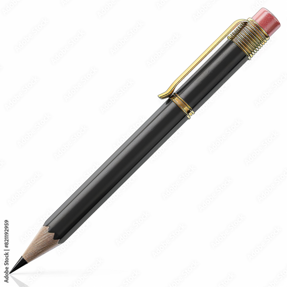 A sleek black pencil with a golden clip and a pink eraser, isolated against a white background, perfect for office or school use. A sleek black pencil with a golden clip and a pink eraser, isolated against a white background, perfect for office or school use.