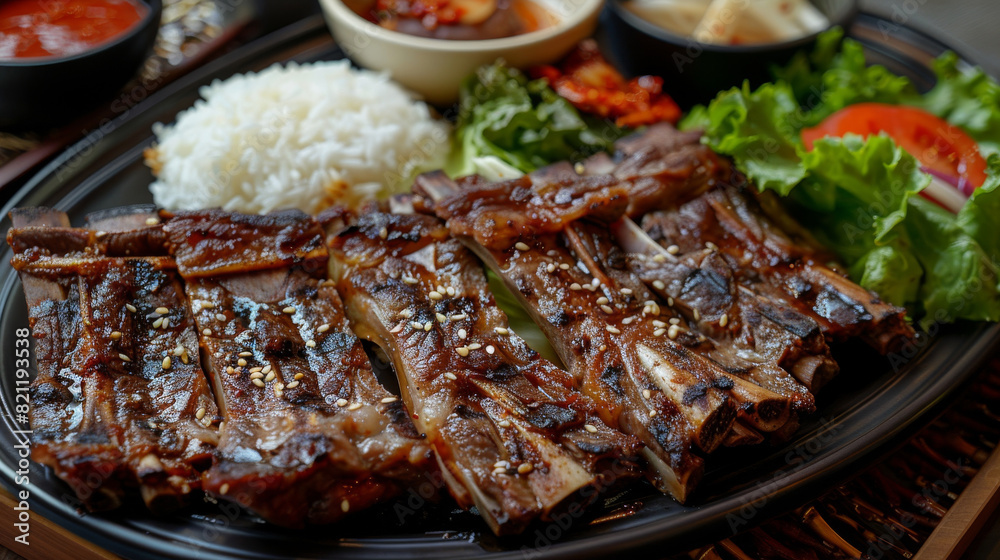 Delectable korean barbecue ribs served with steamed rice, fresh lettuce, kimchi, and spicy sauce on a wooden dining table Delectable korean barbecue ribs served with steamed rice, fresh lettuce, kimchi, and spicy sauce on a wooden dining table