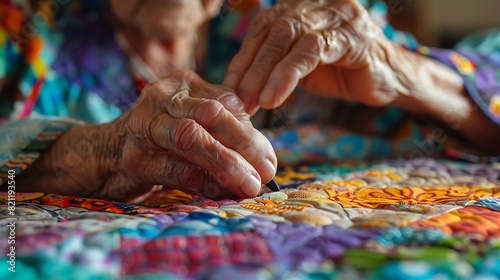 A quilter piecing together a vibrant patchwork of fabric squares