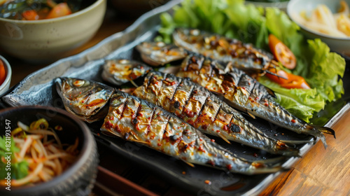 Capturing the essence of korean cuisine: grilled mackerel with spicy seasoning and fresh vegetable sides