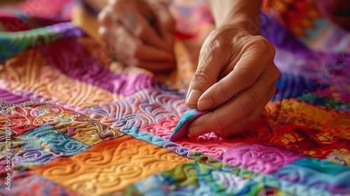 A quilter piecing together a vibrant patchwork of fabric squares