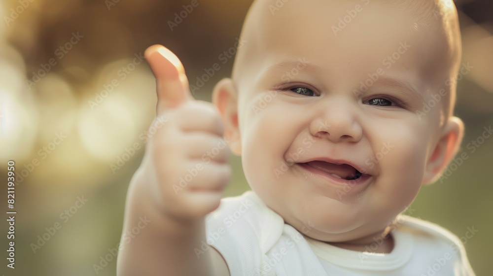 A baby is smiling and giving a thumbs up A baby is smiling and giving a thumbs up