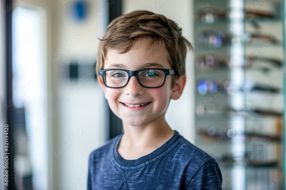 Fototapeta premium A young boy wearing glasses is smiling for the camera, medical selection of glasses in optics