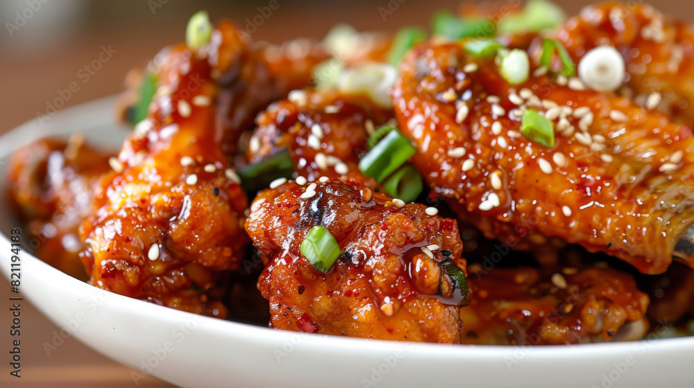Savory and spicy korean fried chicken wings garnished with sesame seeds and chopped green onions on a white plate Savory and spicy korean fried chicken wings garnished with sesame seeds and chopped green onions on a white plate