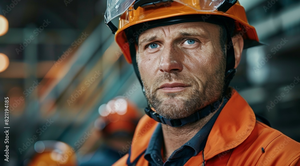 A man in an orange safety helmet and orange jacket is looking at the camera A man in an orange safety helmet and orange jacket is looking at the camera