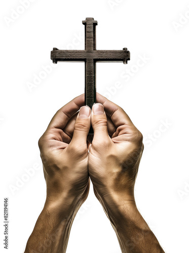 Hands Holding Holy Cross Isolated on Transparent Background 