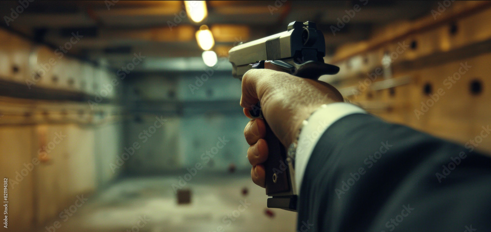 A man is holding a gun in a dark room A man is holding a gun in a dark room