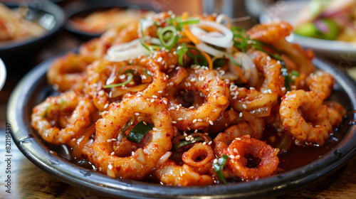 Sizzling hot plate of korean stir-fried squid topped with sesame seeds and green onions for an authentic and flavorful dish