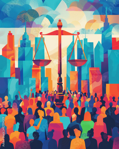 Colorful flyer promoting a community event for justice in flat cartoon style with copy space. Perfect for social activism, public awareness, and community outreach.