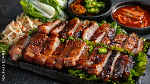 Grilled pork belly slices with fresh lettuce and spicy korean sides on a rustic, textured table