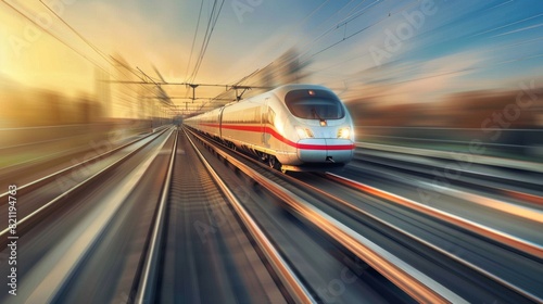 High-speed train zooming along a straight track in a rural landscape.