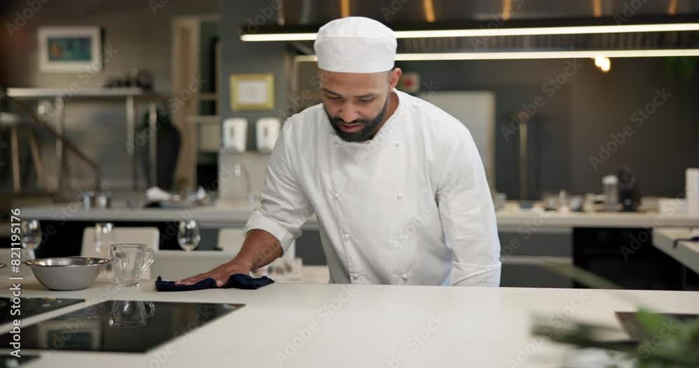 Chef, cloth and cleaning on table in kitchen for maintenance, food safety and disinfection. Hospitality, hygiene and man with fabric at restaurant for compliance, bacteria removal and sanitation Chef, cloth and cleaning on table in kitchen for maintenance, food safety and disinfection. Hospitality, hygiene and man with fabric at restaurant for compliance, bacteria removal and sanitation