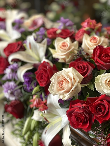 A lovely dark wood coffin adorned with roses  lilies  and carnations creates a lush display. Shot up close  the image captures intricate details  enhanced by soft  diffused light for a warm atmosphere