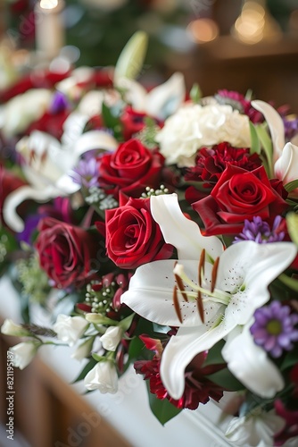 A lovely dark wood coffin adorned with roses  lilies  and carnations creates a lush display. Shot up close  the image captures intricate details  enhanced by soft  diffused light for a warm atmosphere