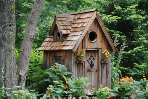 A charming sparrow house design crafted from natural wood with a sloped roof and decorative trim, providing a cozy nesting spot for feathered friends in the garden