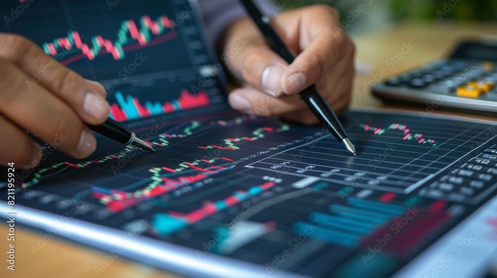 Investor reviewing a printed stock chart report with pen and calculator on the desk. Investor reviewing a printed stock chart report with pen and calculator on the desk.
