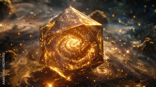 The image is a 3D rendering of a glowing golden dodecahedron photo