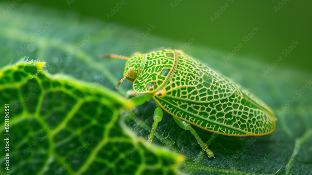 Leafhopper insect camouflaged on a leaf with intricate markings. Leafhopper insect camouflaged on a leaf with intricate markings.