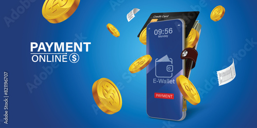 digital wallet application on mobile.Mobile design concept is an online wallet with coins, banknotes and credit cards inside all on blue background.Online digital wallet via smartphone application.