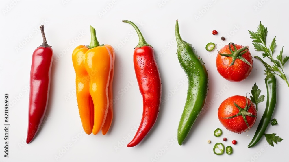 A group of peppers and tomatoes on a white surface, AI A group of peppers and tomatoes on a white surface, AI