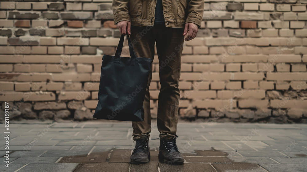 man holding black tote bag mockup on brick wall background man holding black tote bag mockup on brick wall background