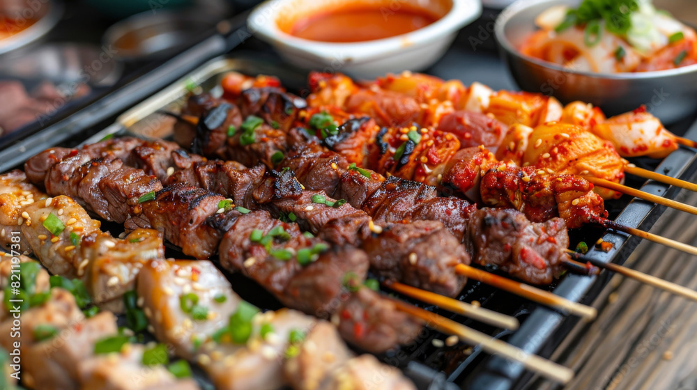 Delectable korean barbecue skewers with beef and vegetables, served with traditional side dishes including spicy kimchi, on a dark table Delectable korean barbecue skewers with beef and vegetables, served with traditional side dishes including spicy kimchi, on a dark table