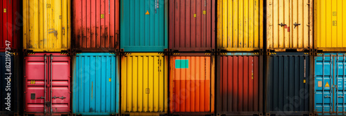 Sunlit multihued shipping containers are aligned in a pattern, symbolizing industrial storage and shipping photo