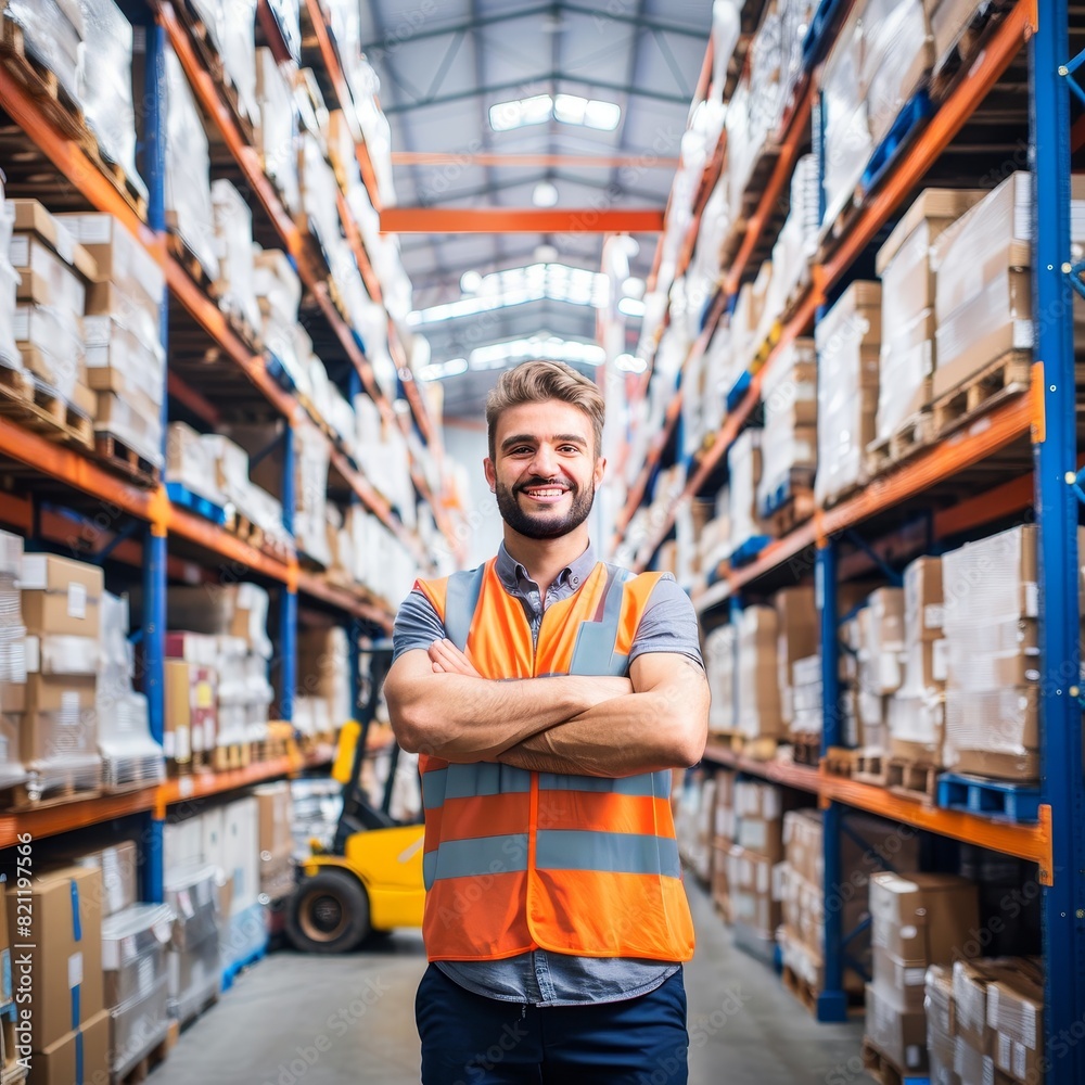 A man in a yellow safety vest stands in a warehouse with a forklift behind him A man in a yellow safety vest stands in a warehouse with a forklift behind him