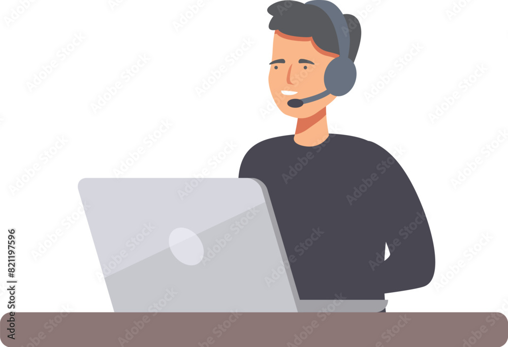 Vector illustration of a smiling male customer service representative with headset working on a computer Vector illustration of a smiling male customer service representative with headset working on a computer